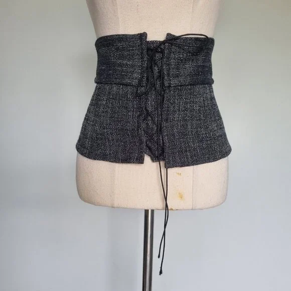Veronika Maine Black & Grey Tweed Lace Up Cinch Waist Belt Size S - Picture 2 of 7